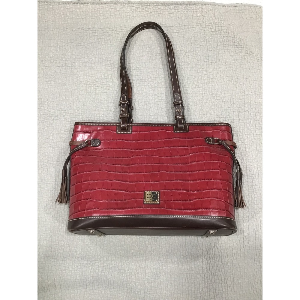 Dooney & Bourke Croco Embossed Leather Shoulder Bag Wine Red Tote Double Handles
